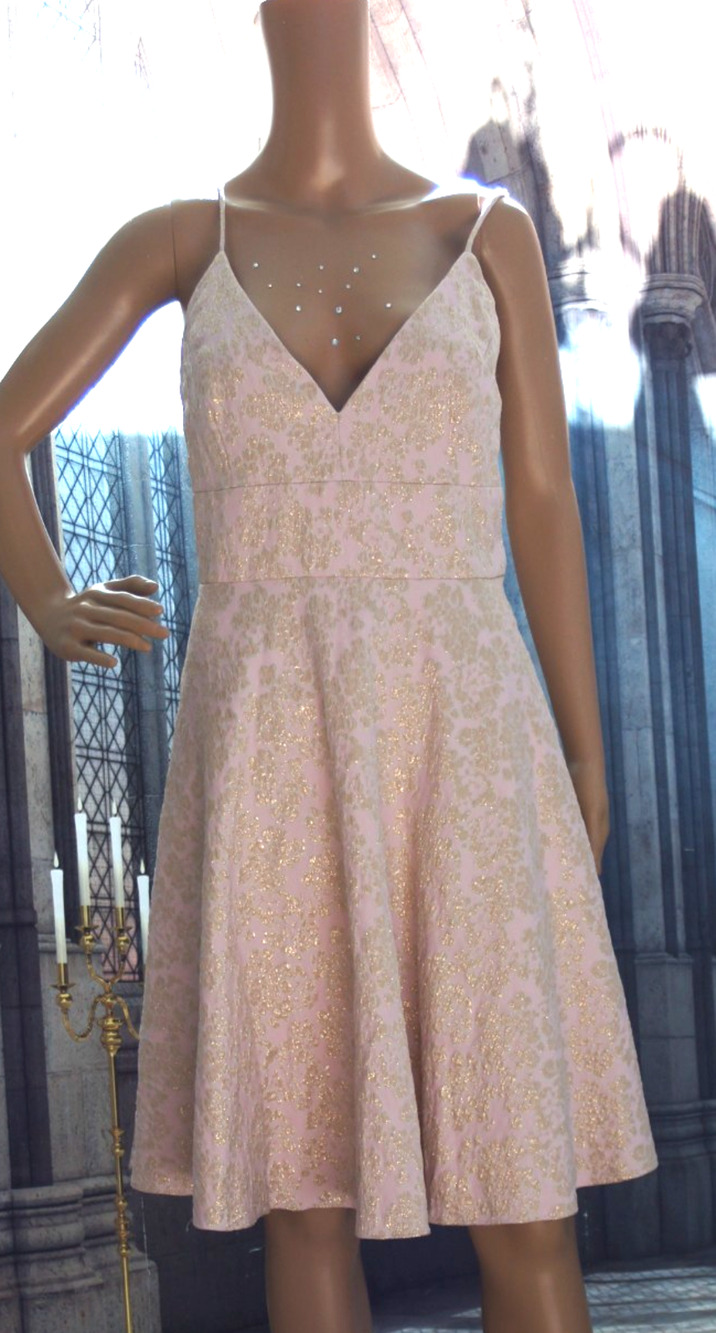 Badgley Mischka Pink with Gold Floral Brokade Dress size 14